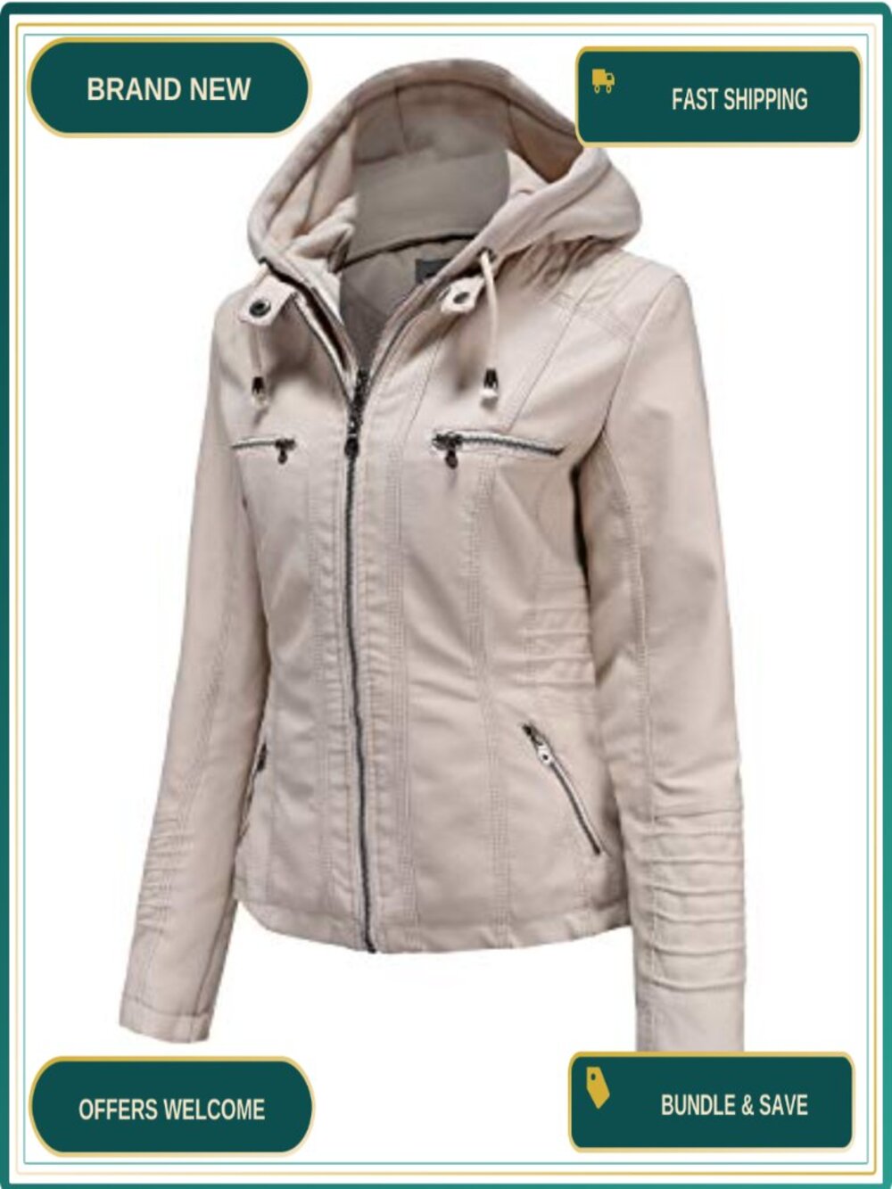 Faux Leather Moto Jacket with Removable Hood Long Sleeve Zipper Pockets